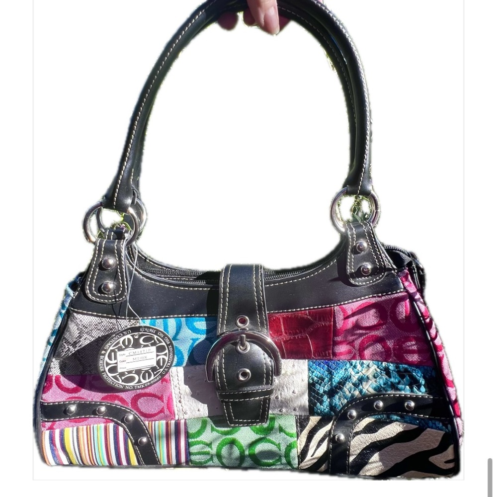 Multicolor Patchwork Shoulder Bag with Silver Hardware - Picture 2 of 15